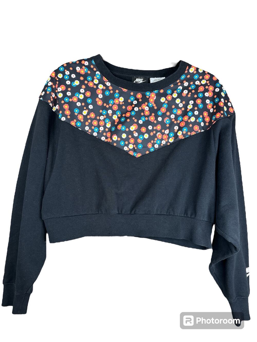 Nike Black Floral Rainbow Print Long Sleeve Crop Top Sweatshirt Size Medium
